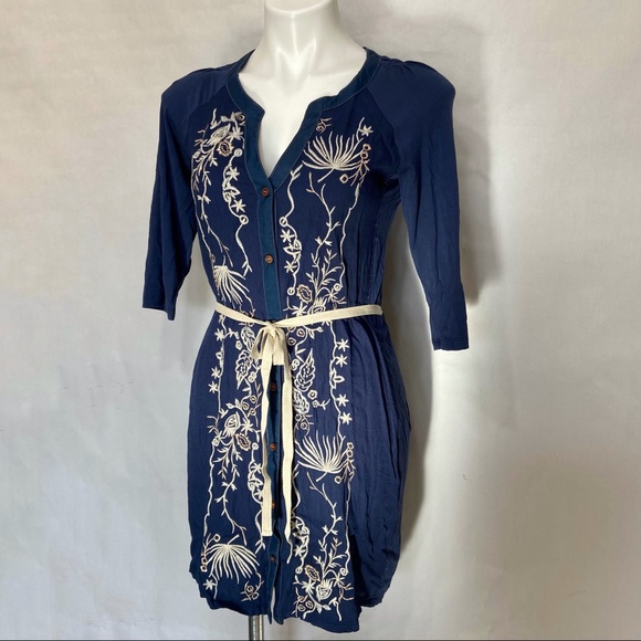 RARE ANTHROPOLOGIE TINY BLUE SILVER EMBROIDERED SASH PANEL FAIRY BOHO DRESS - Picture 4 of 14